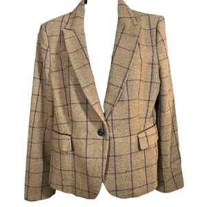 Zara Lambswool Brown Plaid Academia Button Closure Blazer